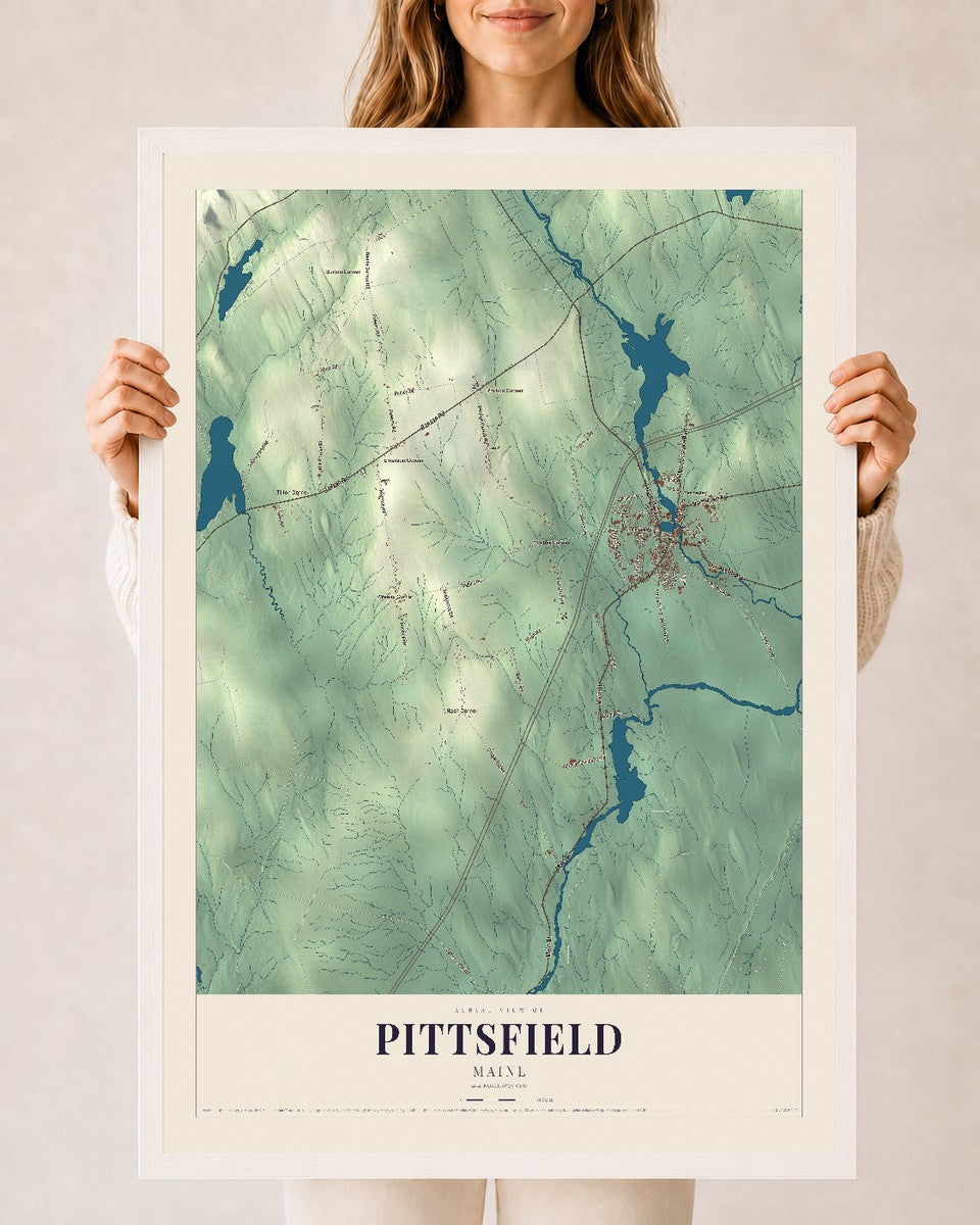 Pittsfield, Maine map print - 24 x 36 white Ayous wood frame