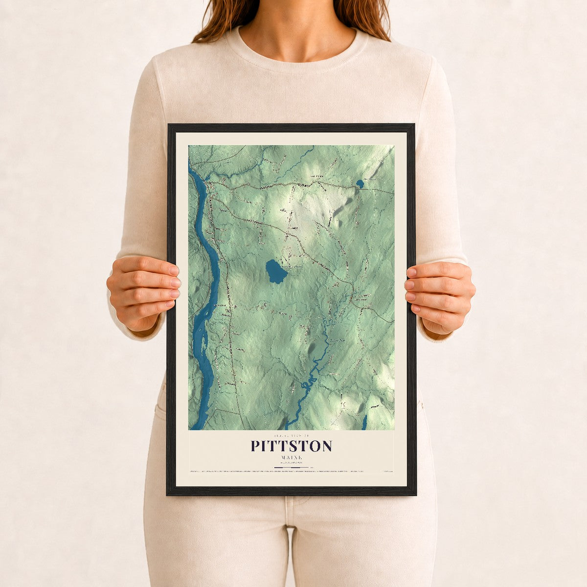 Pittston, Maine map print - 12 x 18 black Ayous wood frame