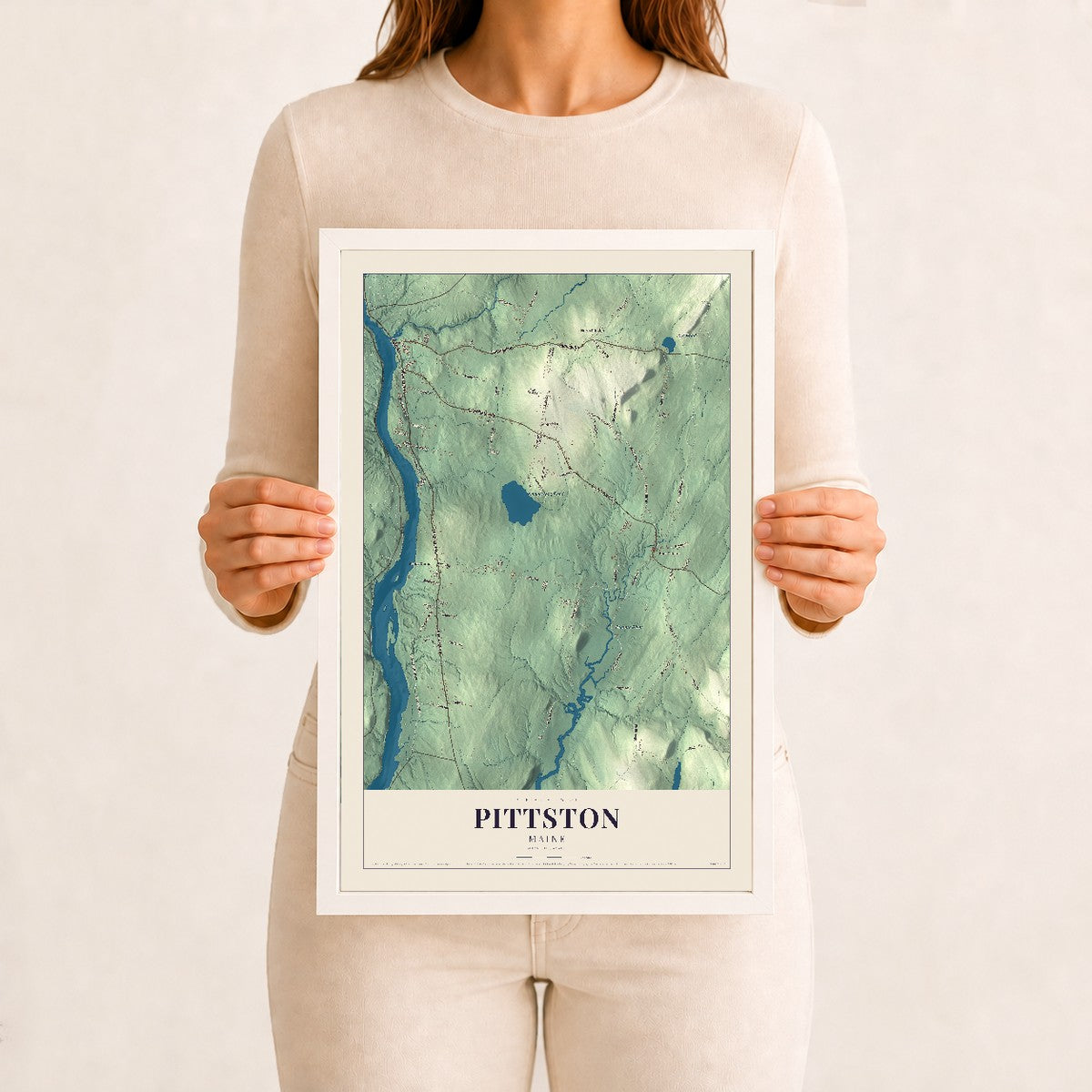 Pittston, Maine map print - 12 x 18 white Ayous wood frame