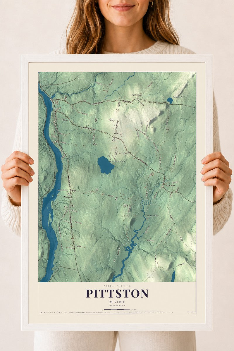 Pittston, Maine map print - 18 x 24 white Ayous wood frame
