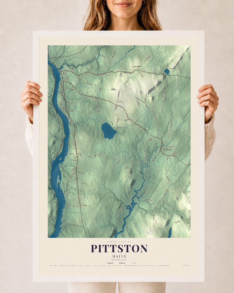 Pittston, Maine map print - 24 x 36 white Ayous wood frame