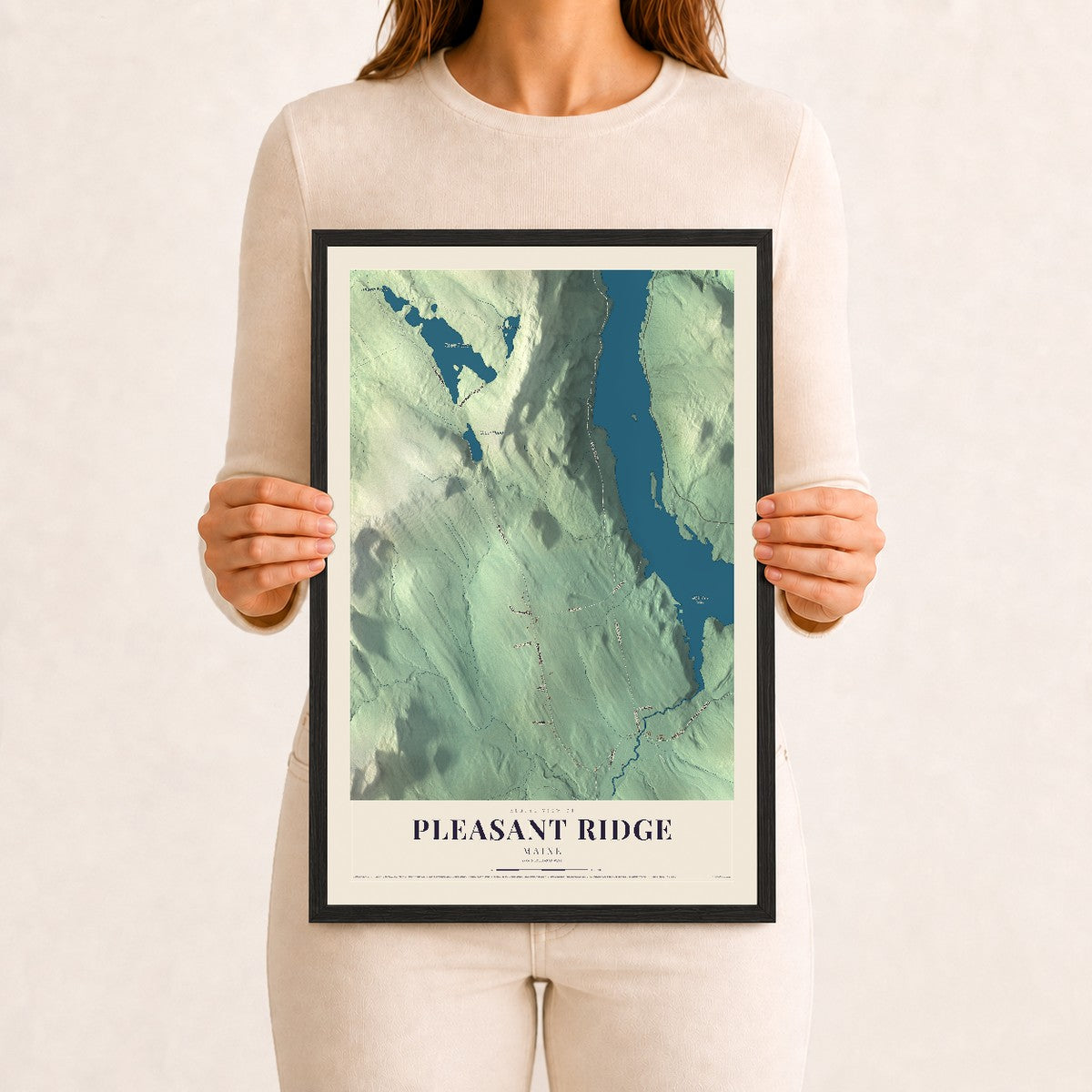 Pleasant Ridge, Maine map print - 12 x 18 black Ayous wood frame