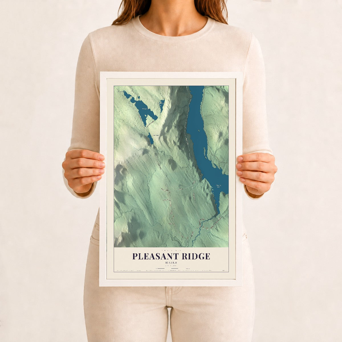 Pleasant Ridge, Maine map print - 12 x 18 white Ayous wood frame