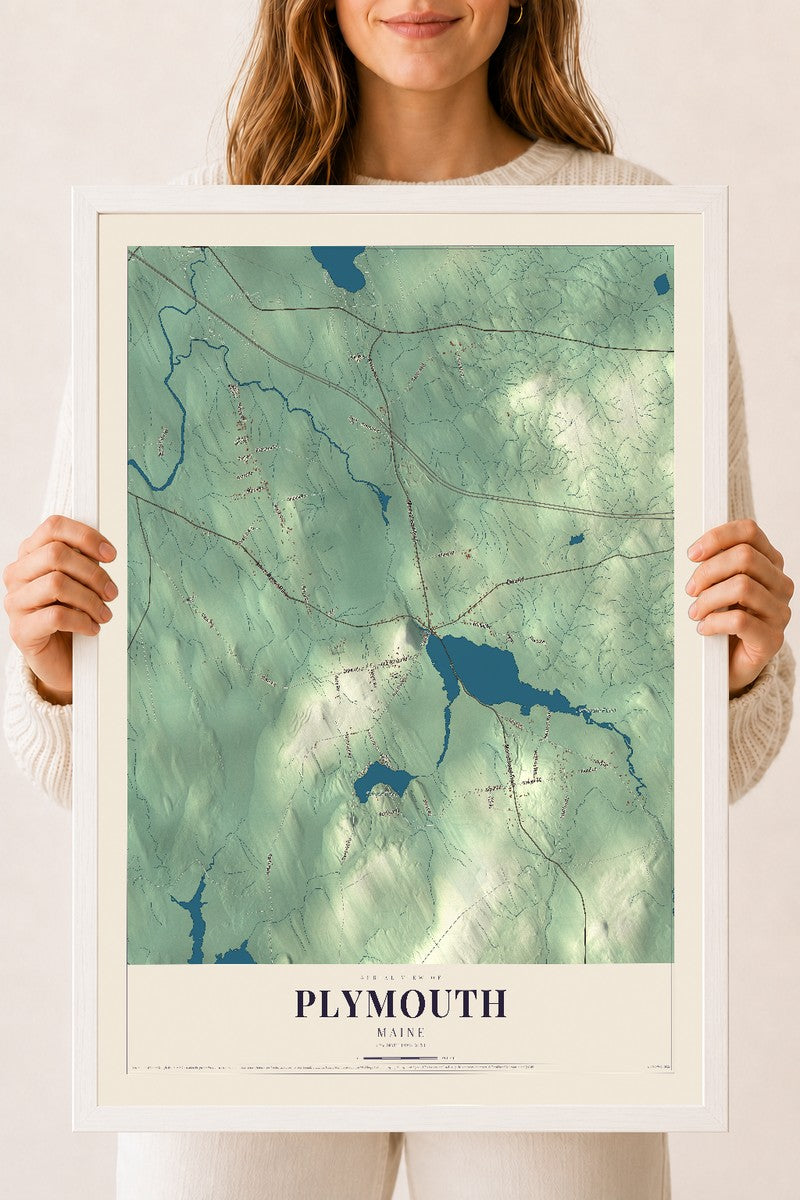 Plymouth, Maine map print - 18 x 24 white Ayous wood frame