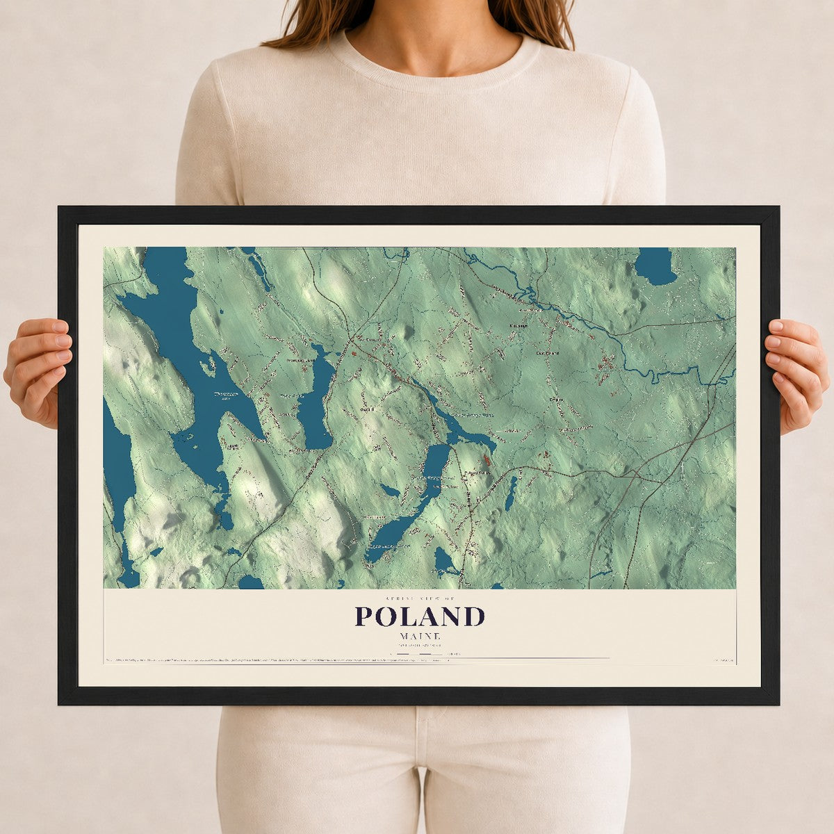 Poland, Maine map print - 12 x 18 black Ayous wood frame