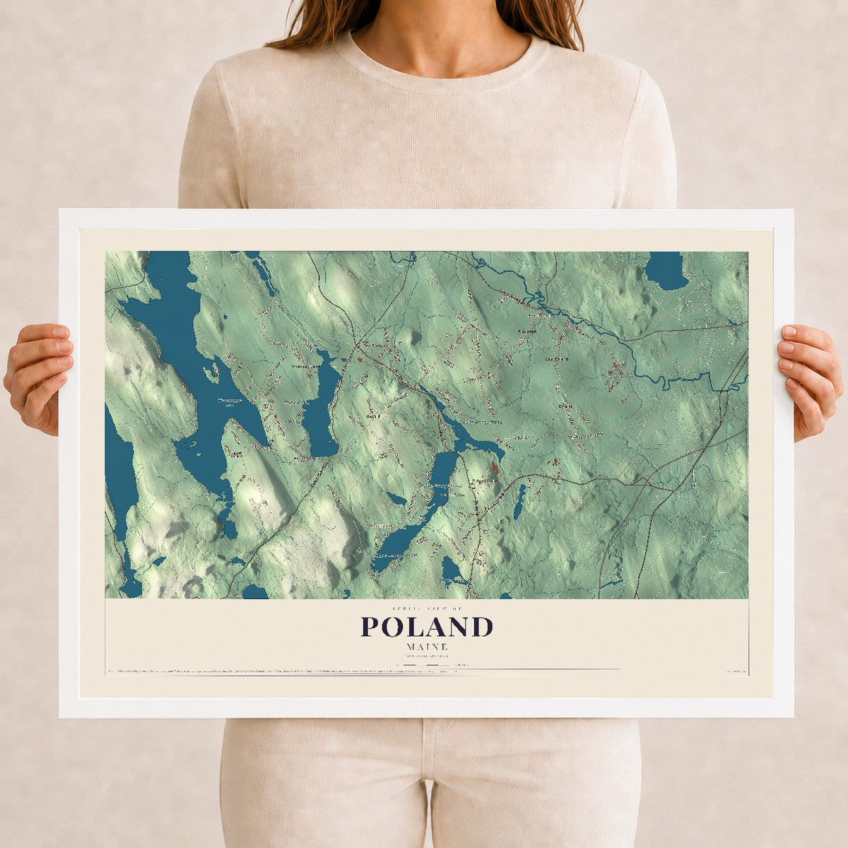 Poland, Maine map print - 12 x 18 white Ayous wood frame