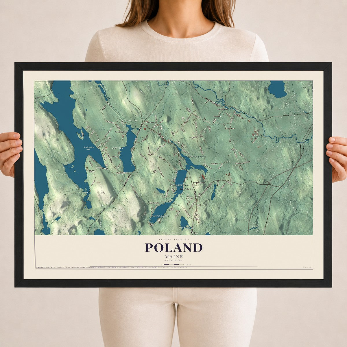 Poland, Maine map print - 18 x 24 black Ayous wood frame