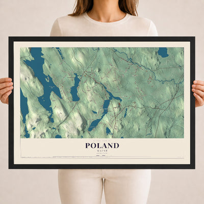 Poland, Maine map print - 18 x 24 black Ayous wood frame
