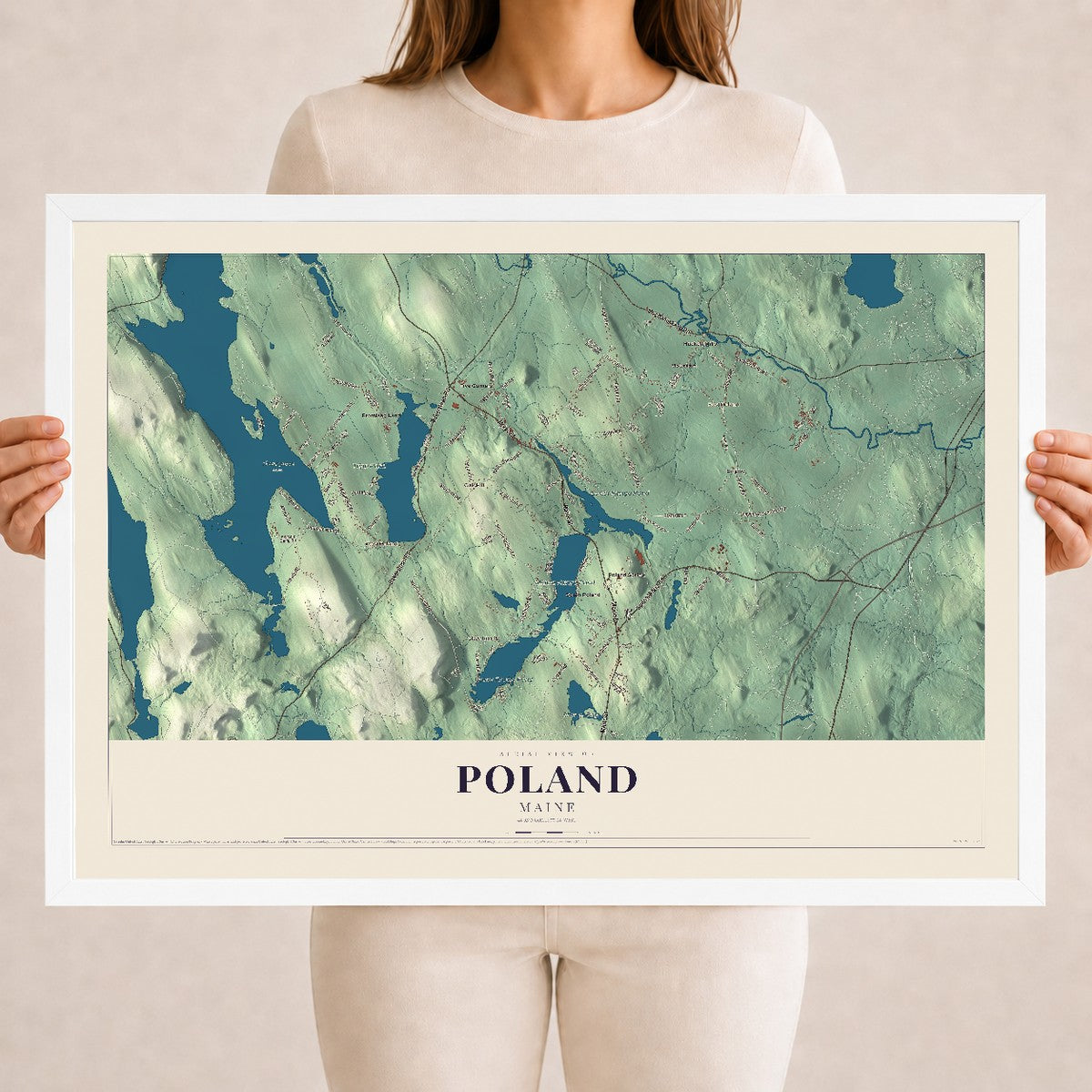 Poland, Maine map print - 18 x 24 white Ayous wood frame