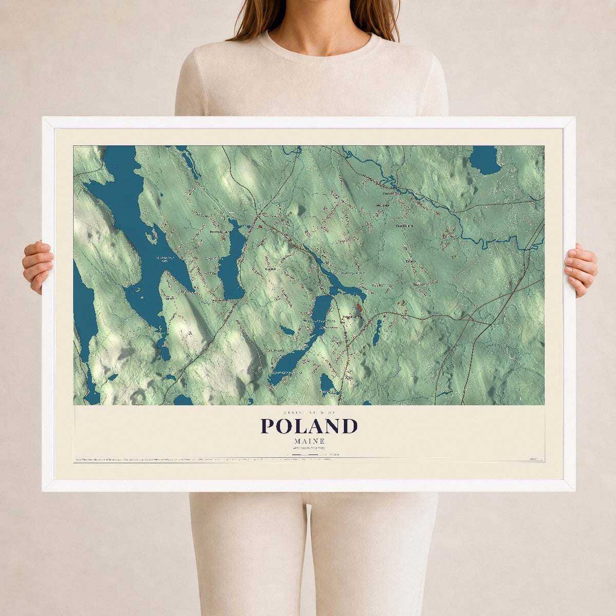 Poland, Maine map print - 24 x 36 white Ayous wood frame