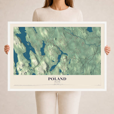 Poland, Maine map print - 24 x 36 white Ayous wood frame