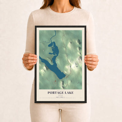 Portage Lake, Maine map print - 12 x 18 black Ayous wood frame