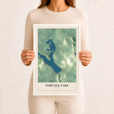 Portage Lake, Maine map print - 12 x 18 white Ayous wood frame