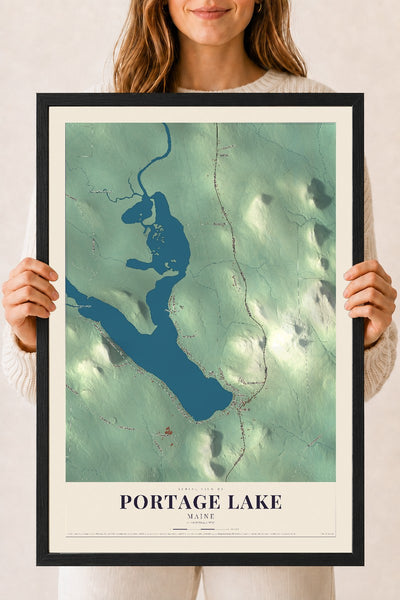 Portage Lake, Maine map print - 18 x 24 black Ayous wood frame