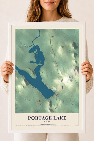 Portage Lake, Maine map print - 18 x 24 white Ayous wood frame