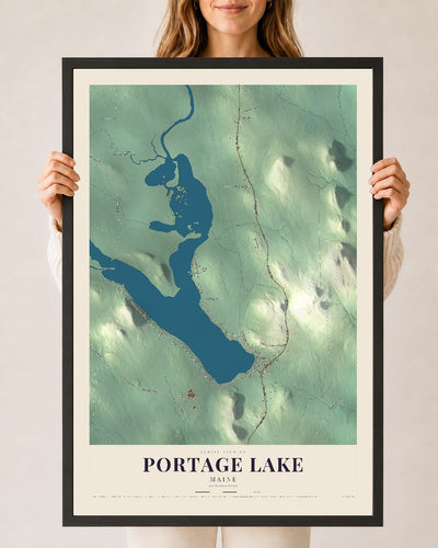 Portage Lake, Maine map print - 24 x 36 black Ayous wood frame