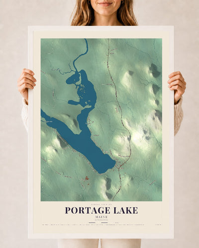 Portage Lake, Maine map print - 24 x 36 white Ayous wood frame