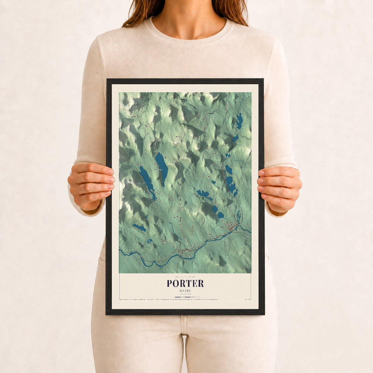 Porter, Maine map print - 12 x 18 black Ayous wood frame