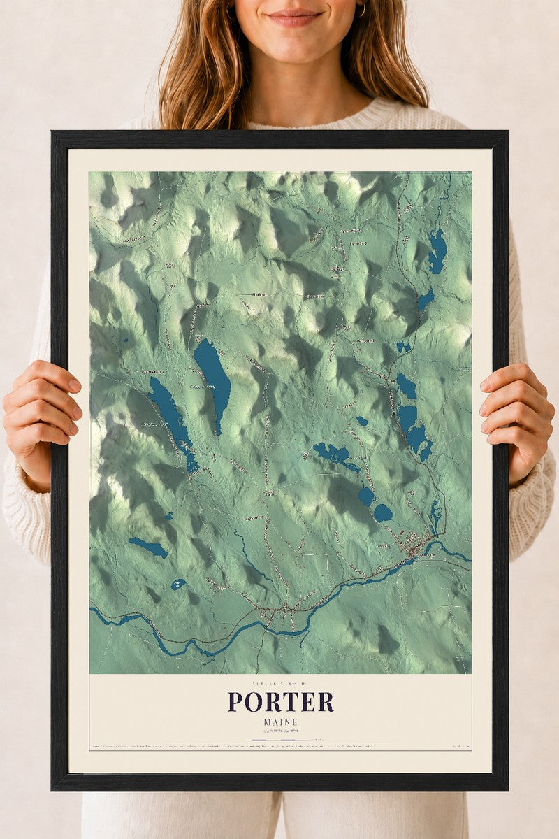 Porter, Maine map print - 18 x 24 black Ayous wood frame