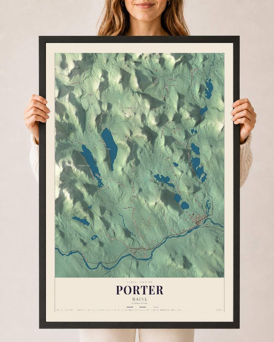 Porter, Maine map print - 24 x 36 black Ayous wood frame