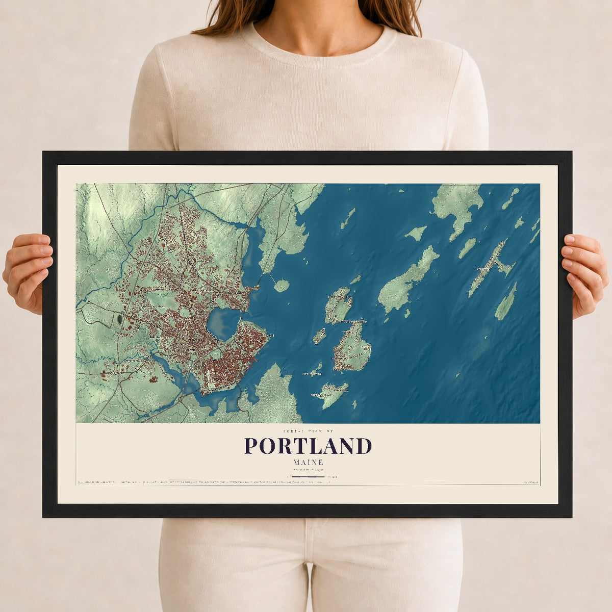 Portland, Maine map print - 12 x 18 black Ayous wood frame