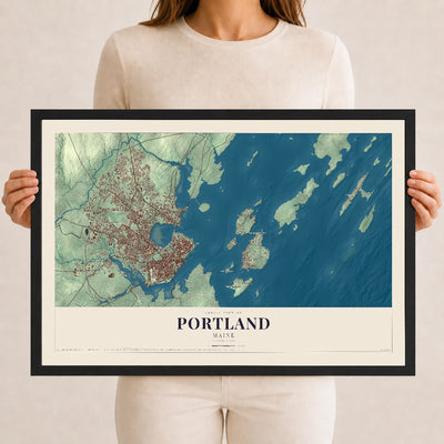 Portland, Maine map print - 12 x 18 black Ayous wood frame
