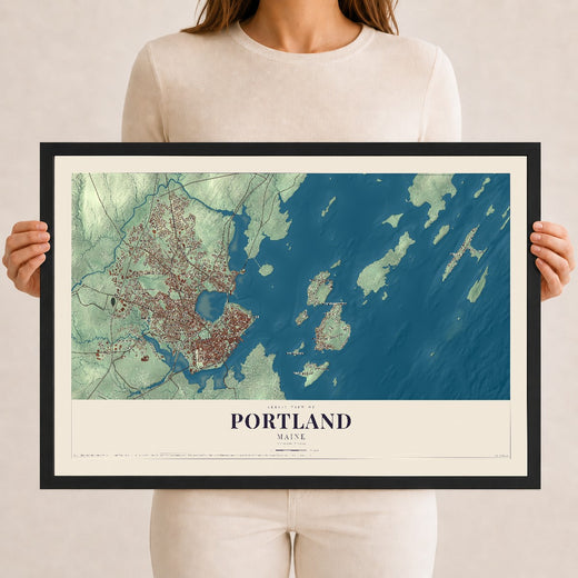 Map of Portland, Maine, 12 x 18 inch print in a black wood frame
