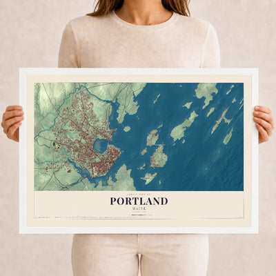 Portland, Maine map print - 12 x 18 white Ayous wood frame