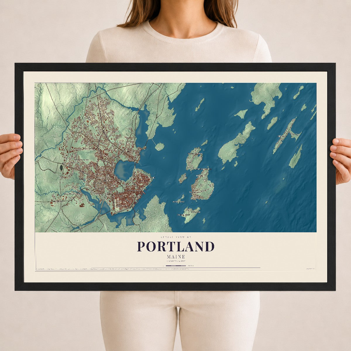 Portland, Maine map print - 18 x 24 black Ayous wood frame