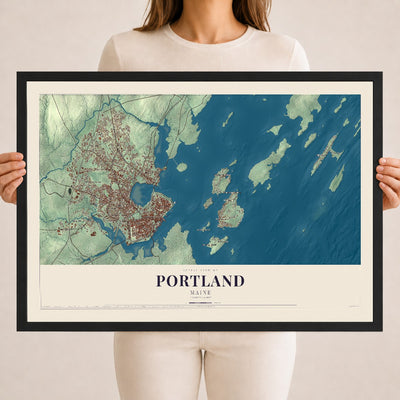 Portland, Maine map print - 18 x 24 black Ayous wood frame