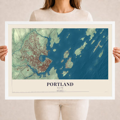 Portland, Maine map print - 18 x 24 white Ayous wood frame