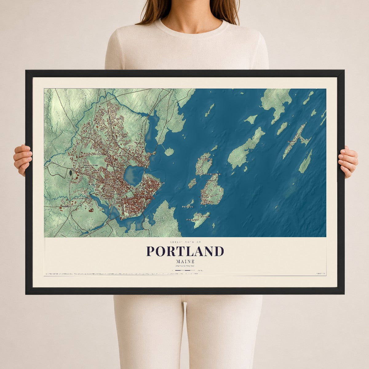 Portland, Maine map print - 24 x 36 black Ayous wood frame