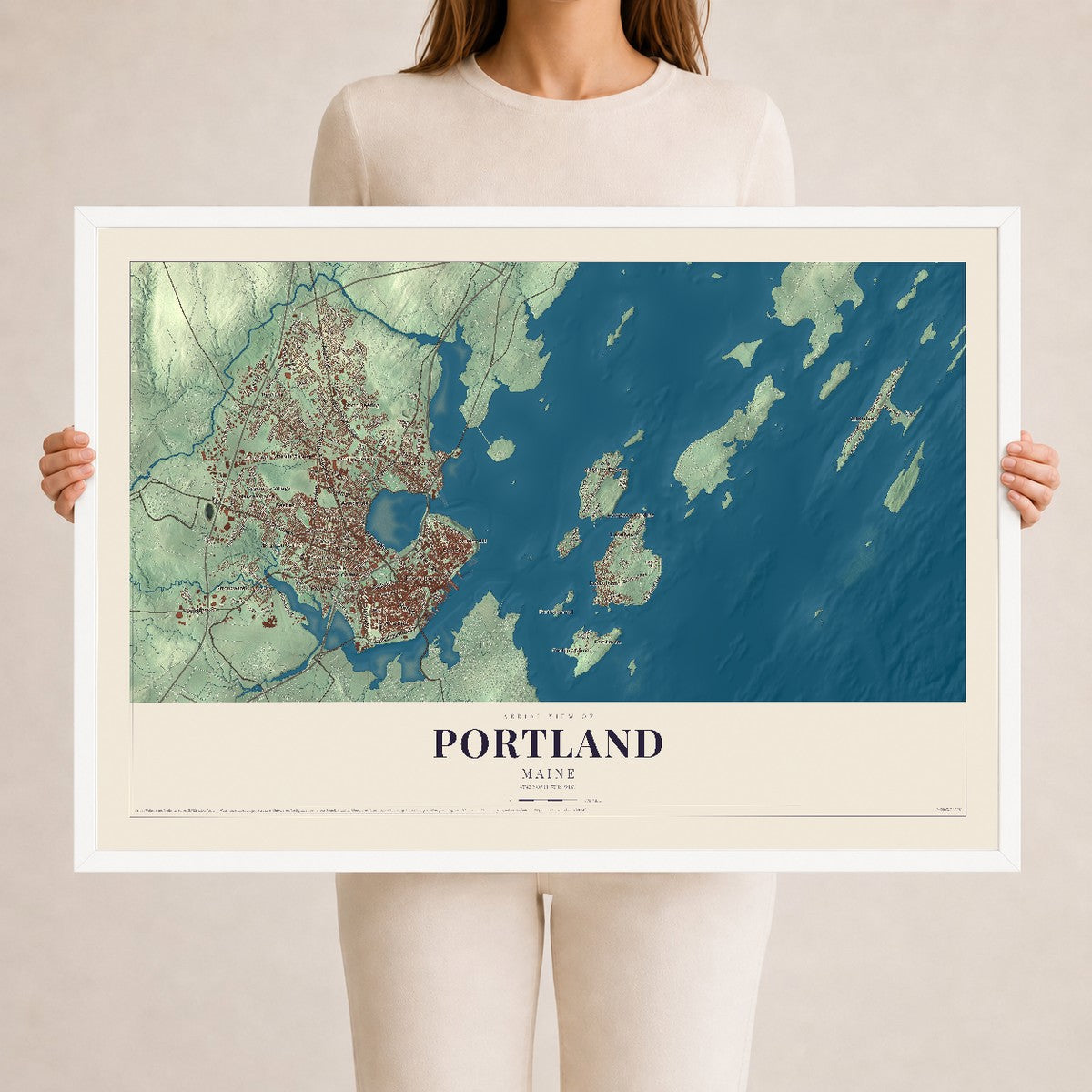 Portland, Maine map print - 24 x 36 white Ayous wood frame