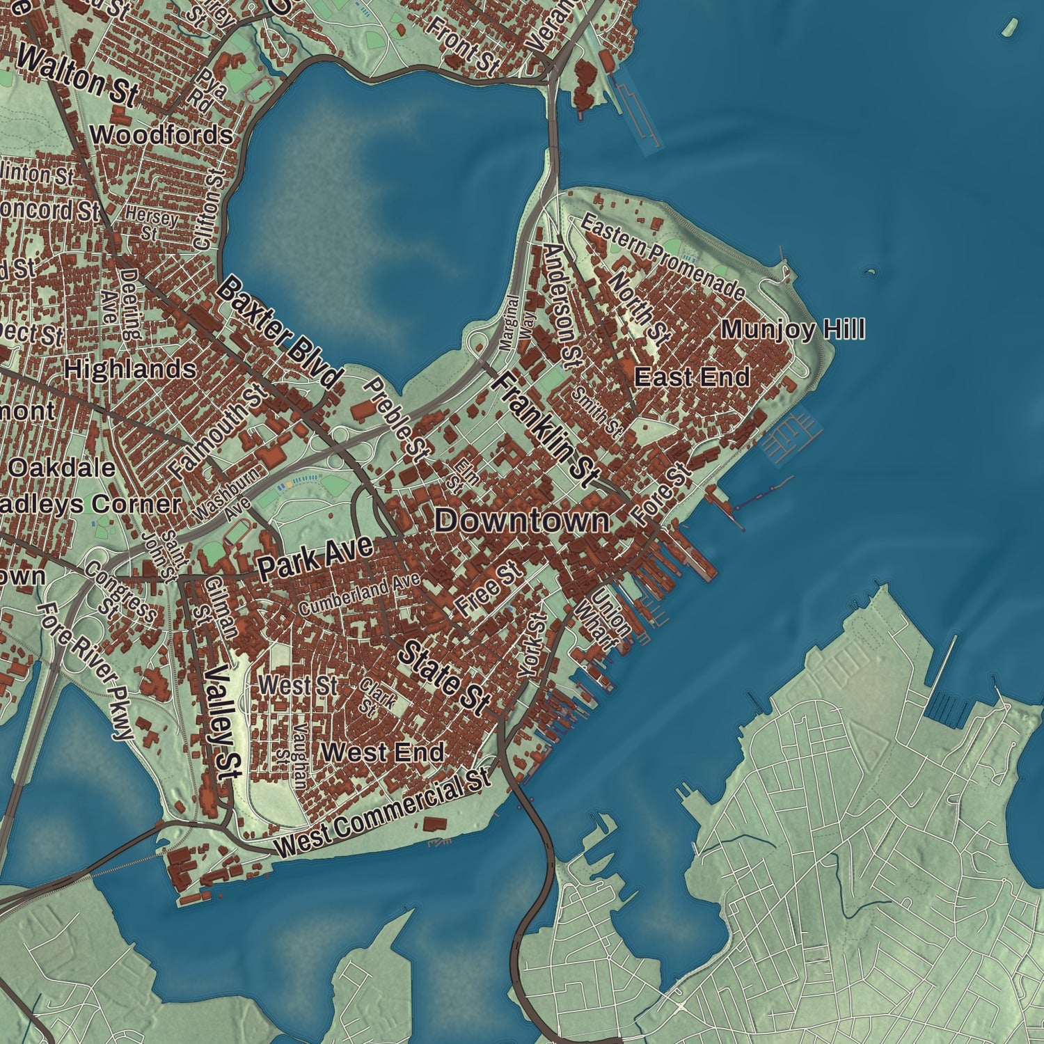 Terrain and local geography detail from the Portland, Maine map