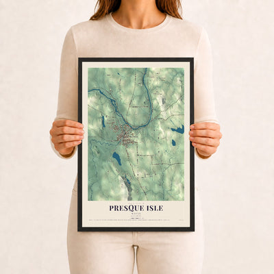 Presque Isle, Maine map print - 12 x 18 black Ayous wood frame