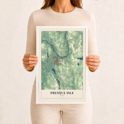 Presque Isle, Maine map print - 12 x 18 white Ayous wood frame