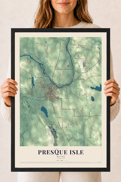 Presque Isle, Maine map print - 18 x 24 black Ayous wood frame
