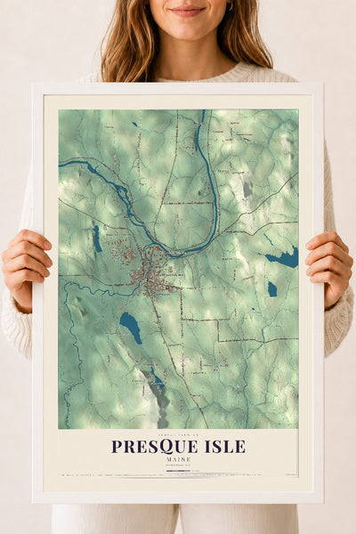 Presque Isle, Maine map print - 18 x 24 white Ayous wood frame