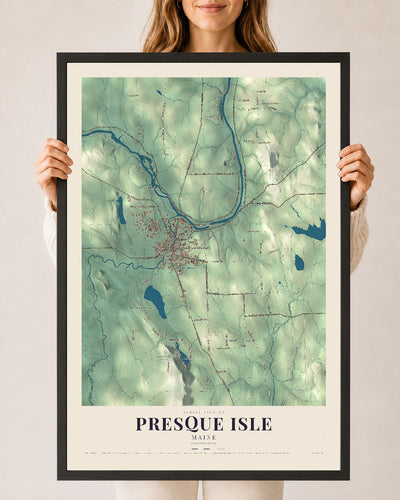 Presque Isle, Maine map print - 24 x 36 black Ayous wood frame