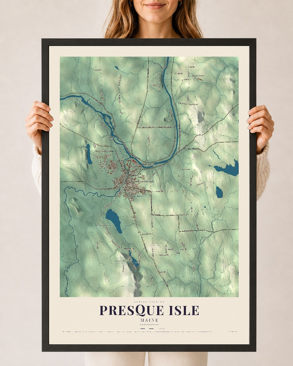 Presque Isle, Maine map print - 24 x 36 black Ayous wood frame