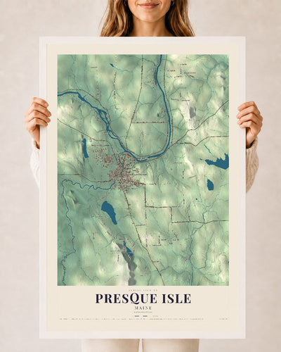 Presque Isle, Maine map print - 24 x 36 white Ayous wood frame