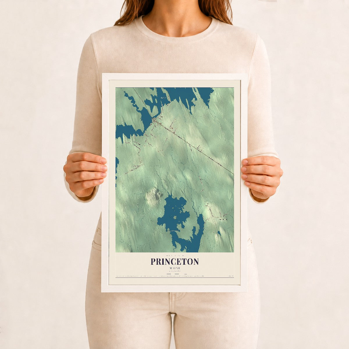 Princeton, Maine map print - 12 x 18 white Ayous wood frame