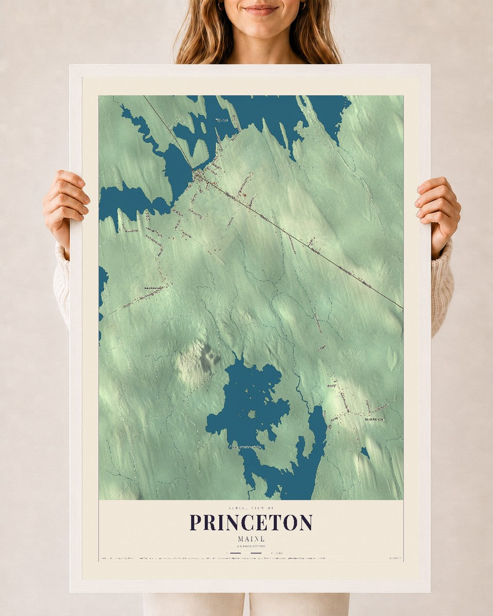 Princeton, Maine map print - 24 x 36 white Ayous wood frame
