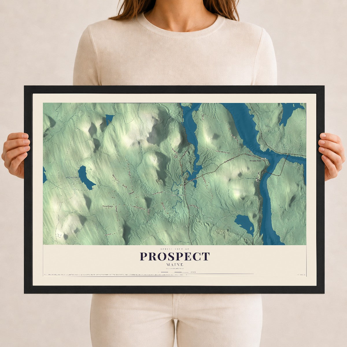 Prospect, Maine map print - 12 x 18 black Ayous wood frame