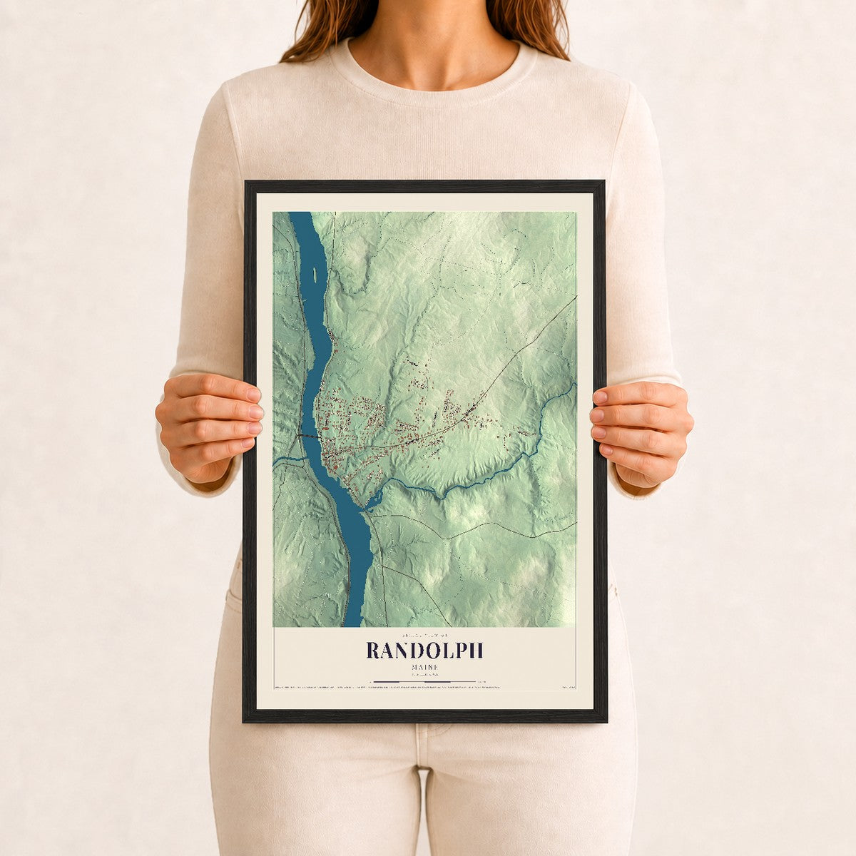 Randolph, Maine map print - 12 x 18 black Ayous wood frame