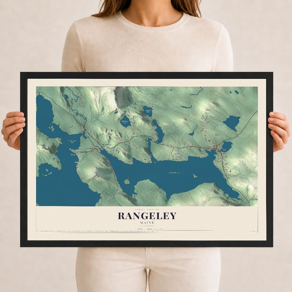 Rangeley, Maine map print - 12 x 18 black Ayous wood frame