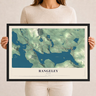 Rangeley, Maine map print - 12 x 18 black Ayous wood frame