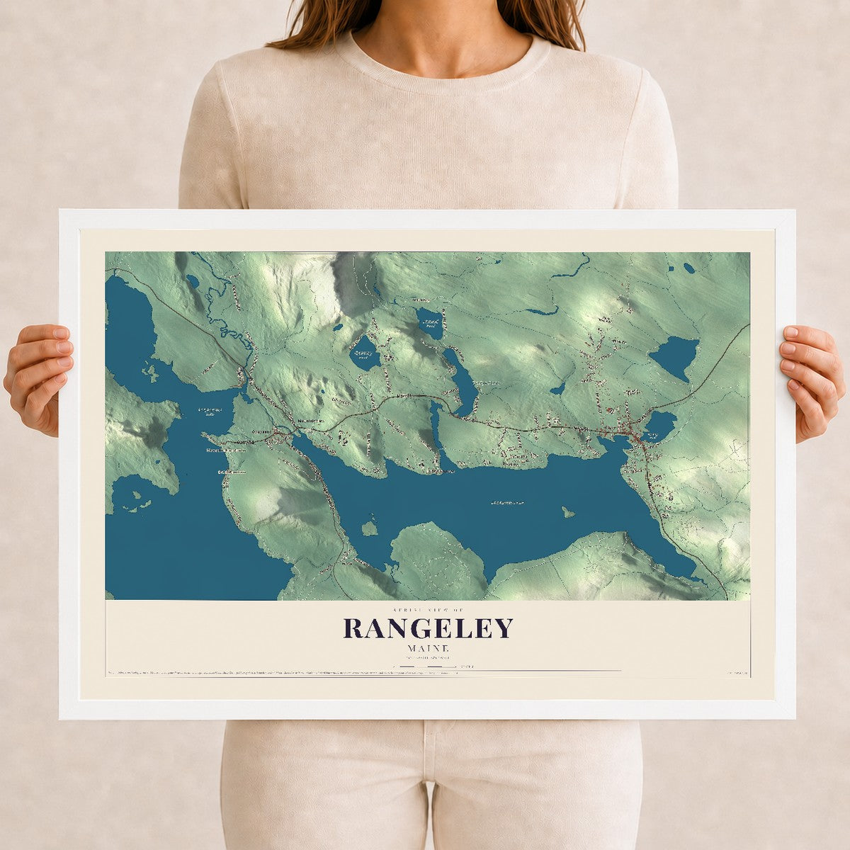 Rangeley, Maine map print - 12 x 18 white Ayous wood frame