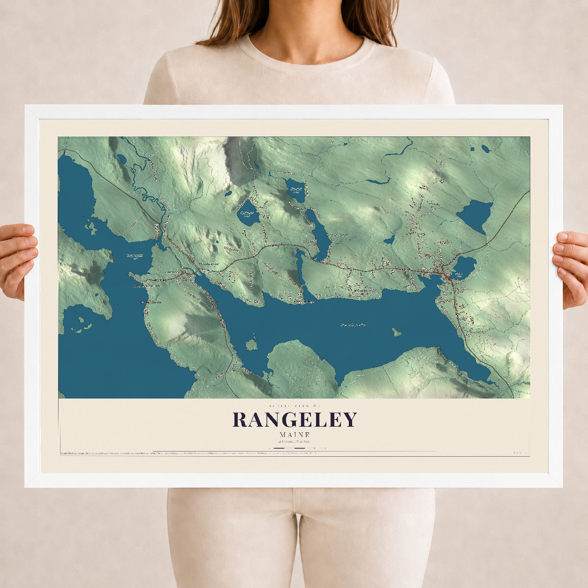 Rangeley, Maine map print - 18 x 24 white Ayous wood frame