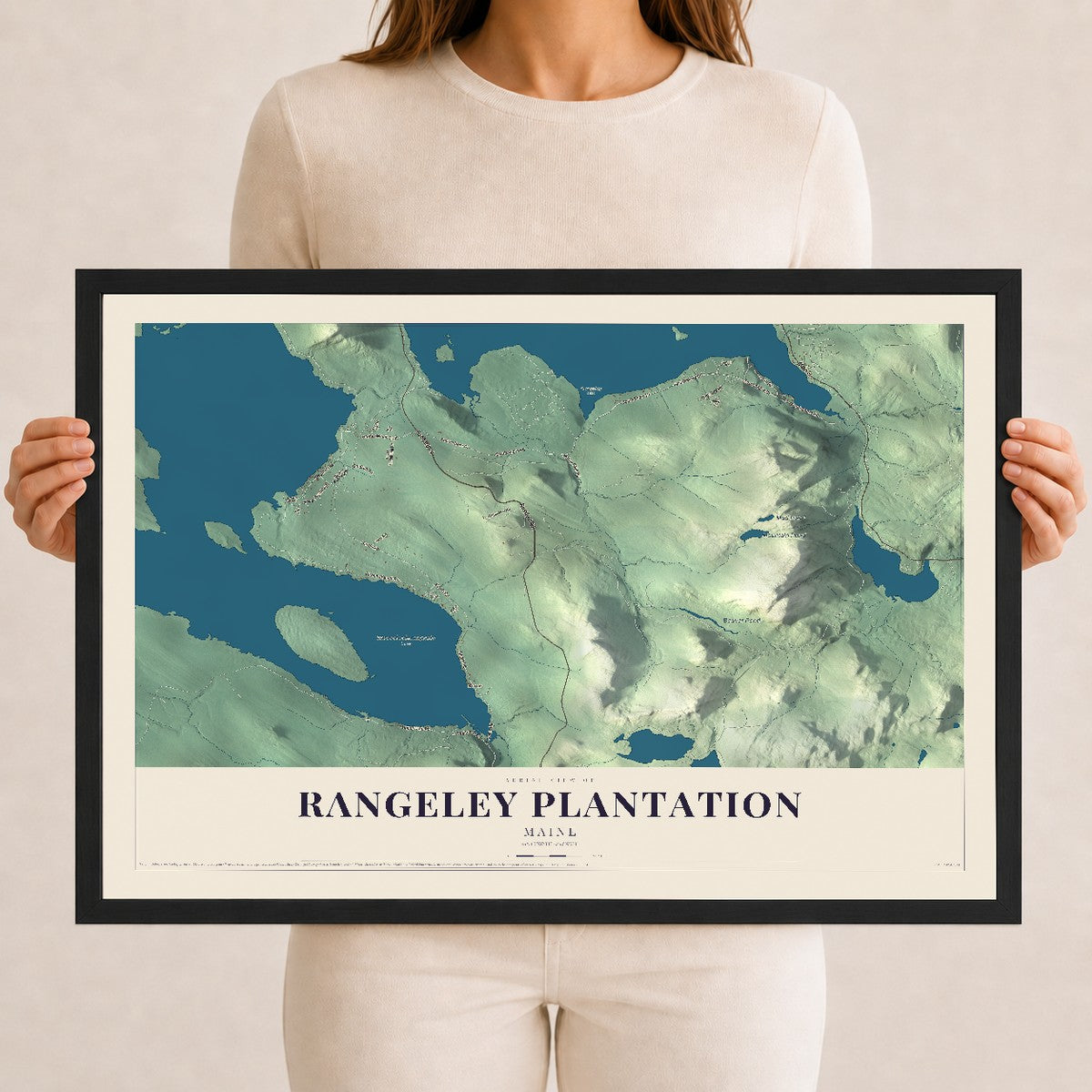 Rangeley Plantation, Maine map print - 12 x 18 black Ayous wood frame
